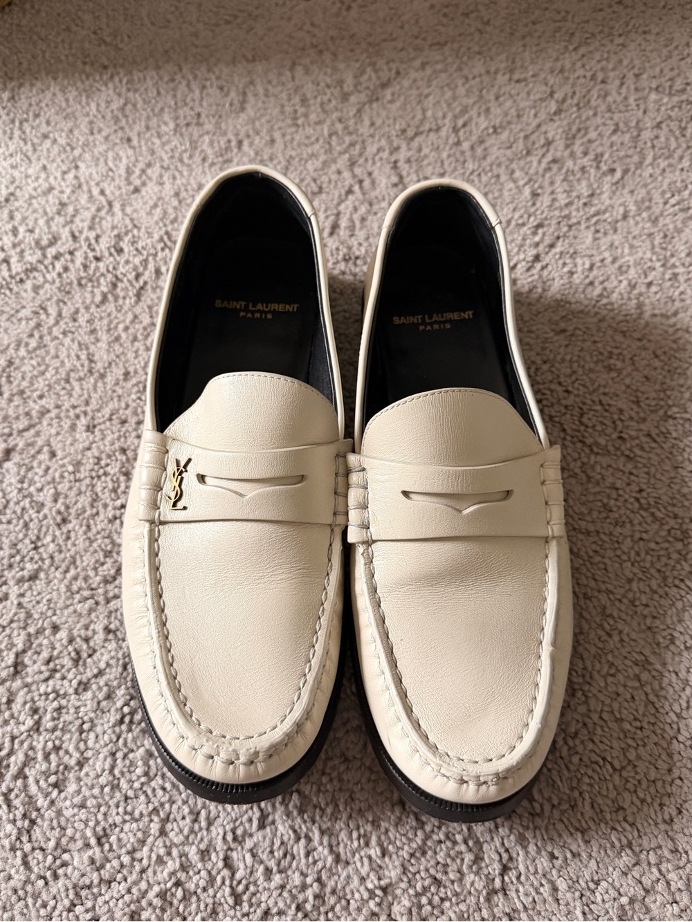 Saint Laurent Cream Leather Penny Loafers with Gold YSL Emblem